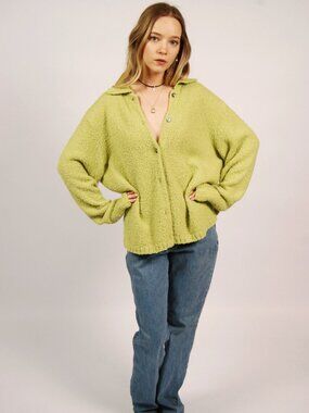 Y2K Wool Cardigan (XL) lime green vintage womens textured warm pretty comfy cute